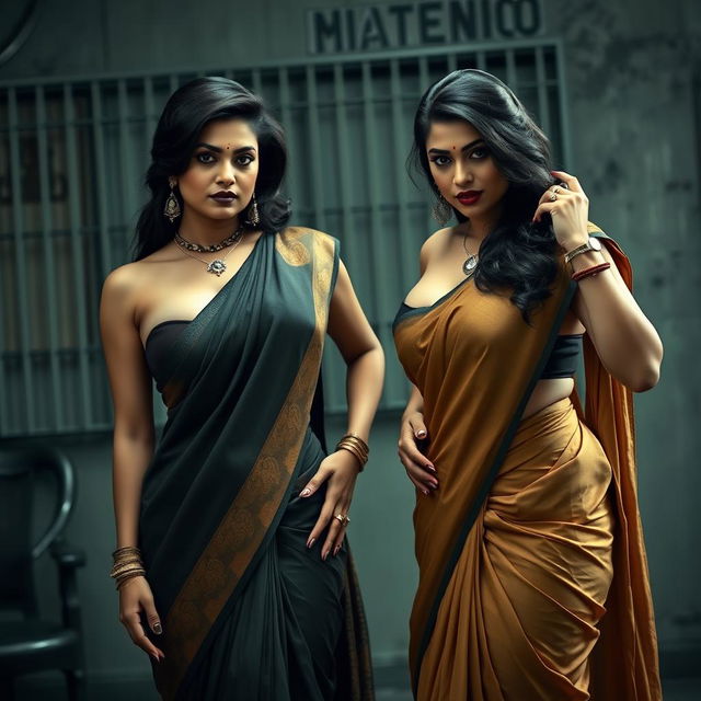 Two seductive desi women dressed in elegant sarees, showcasing their voluptuous figures, including big breasts and wide hips