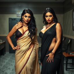 Two seductive desi women dressed in elegant sarees, showcasing their voluptuous figures, including big breasts and wide hips