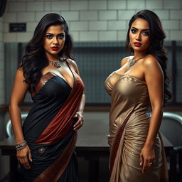 Two seductive desi women dressed in elegant sarees, showcasing their voluptuous figures, including big breasts and wide hips