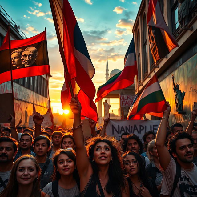 A vibrant and powerful representation of revolutions, featuring a diverse group of passionate protestors holding banners and flags