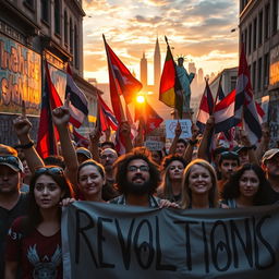 A vibrant and powerful representation of revolutions, featuring a diverse group of passionate protestors holding banners and flags