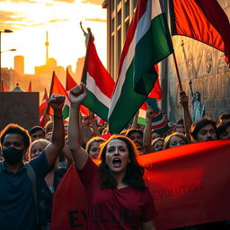 A vibrant and powerful representation of revolutions, featuring a diverse group of passionate protestors holding banners and flags