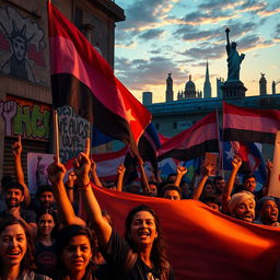 A vibrant and powerful representation of revolutions, featuring a diverse group of passionate protestors holding banners and flags
