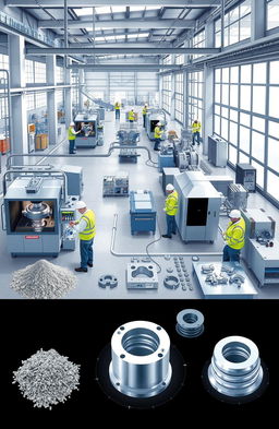 A detailed illustration of the powder injection molding manufacturing process, showcasing the machinery and technology involved