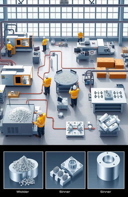 A detailed illustration of the powder injection molding manufacturing process, showcasing the machinery and technology involved