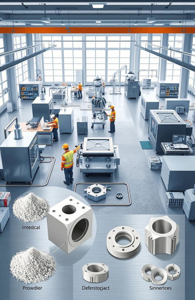 A detailed illustration of the powder injection molding manufacturing process, showcasing the machinery and technology involved
