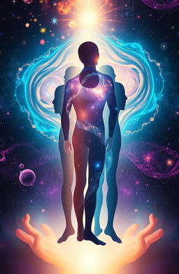 A visually striking representation of an abstract concept of human metaphysics, featuring intertwined human silhouettes symbolizing interconnected minds and consciousness