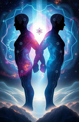 A visually striking representation of an abstract concept of human metaphysics, featuring intertwined human silhouettes symbolizing interconnected minds and consciousness