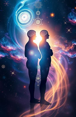 A visually striking representation of an abstract concept of human metaphysics, featuring intertwined human silhouettes symbolizing interconnected minds and consciousness