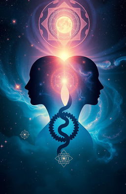 A visually striking representation of an abstract concept of human metaphysics, featuring intertwined human silhouettes symbolizing interconnected minds and consciousness