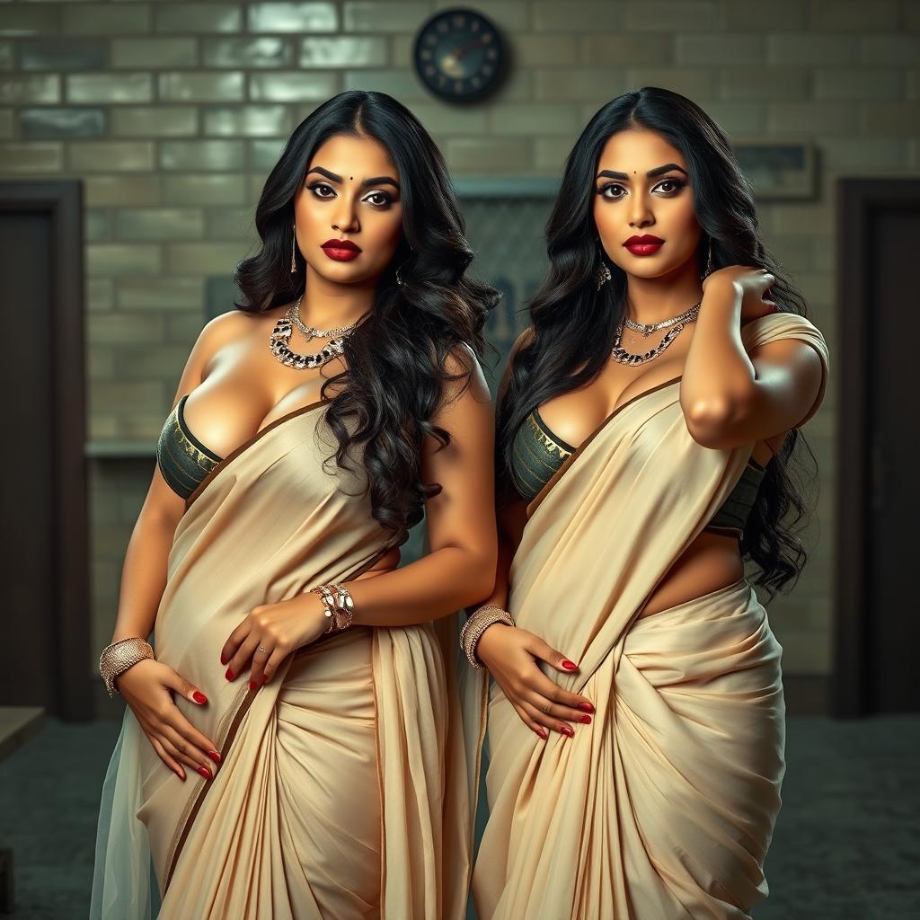Two alluring desi women dressed in elegant sarees, embodying a voluptuous and curvy aesthetic with ample busts and wide hips