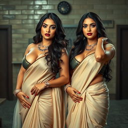 Two alluring desi women dressed in elegant sarees, embodying a voluptuous and curvy aesthetic with ample busts and wide hips
