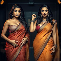 Two alluring desi women dressed in elegant sarees, embodying a voluptuous and curvy aesthetic with ample busts and wide hips
