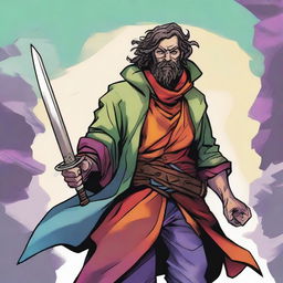 A vivid comic-style illustration of a homeless vagrant turned fantasy DnD fighter, brandishing a two-handed sword