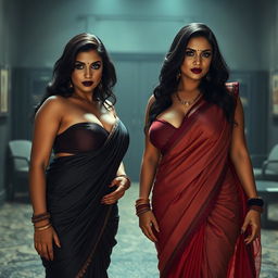 Two alluring desi women dressed in elegant sarees, embodying a voluptuous and curvy aesthetic with ample busts and wide hips