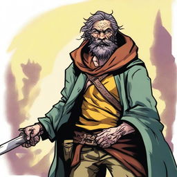 A vivid comic-style illustration of a homeless vagrant turned fantasy DnD fighter, brandishing a two-handed sword