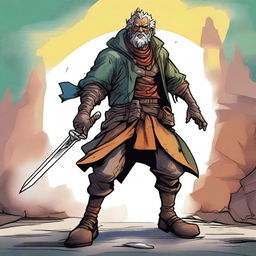 A vivid comic-style illustration of a homeless vagrant turned fantasy DnD fighter, brandishing a two-handed sword