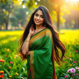A stunning Bangladeshi woman with long, flowing hair, wearing a traditional colorful saree that accentuates her curves