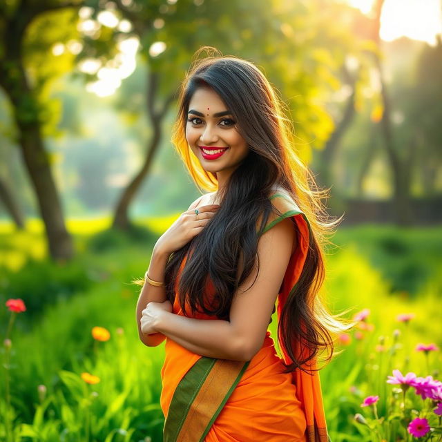 A stunning Bangladeshi woman with long, flowing hair, wearing a traditional colorful saree that accentuates her curves