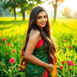 A stunning Bangladeshi woman with long, flowing hair, wearing a traditional colorful saree that accentuates her curves