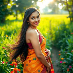 A stunning Bangladeshi woman with long, flowing hair, wearing a traditional colorful saree that accentuates her curves