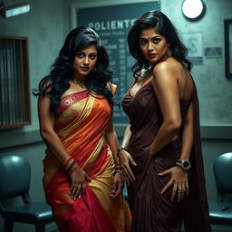 Two powerful and seductive desi women in their forties, dressed in beautiful sarees that accentuate their voluptuous, chubby busts and curvy figures