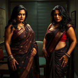 Two powerful and seductive desi women in their forties, dressed in beautiful sarees that accentuate their voluptuous, chubby busts and curvy figures