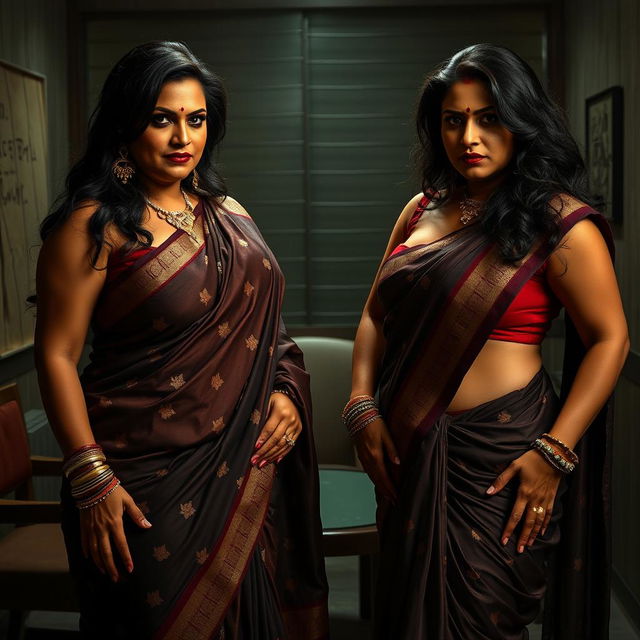 Two powerful and seductive desi women in their forties, dressed in beautiful sarees that accentuate their voluptuous, chubby busts and curvy figures