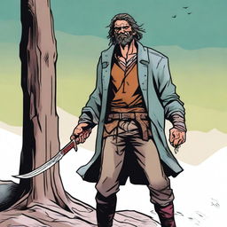 A high-quality comic book style illustration of a homeless vagrant, who is also a fantasy DnD fighter