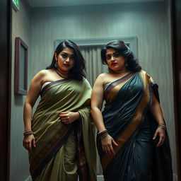 Two powerful and seductive desi women in their forties, dressed in beautiful sarees that accentuate their voluptuous, chubby busts and curvy figures