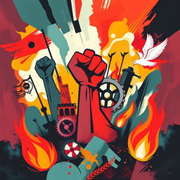 An artistic representation of revolutions depicted through various symbols from different historical and cultural contexts