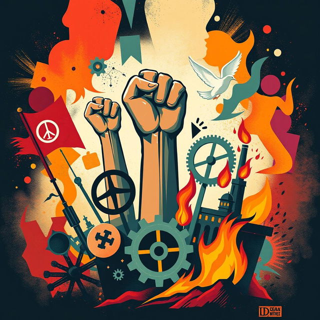 An artistic representation of revolutions depicted through various symbols from different historical and cultural contexts