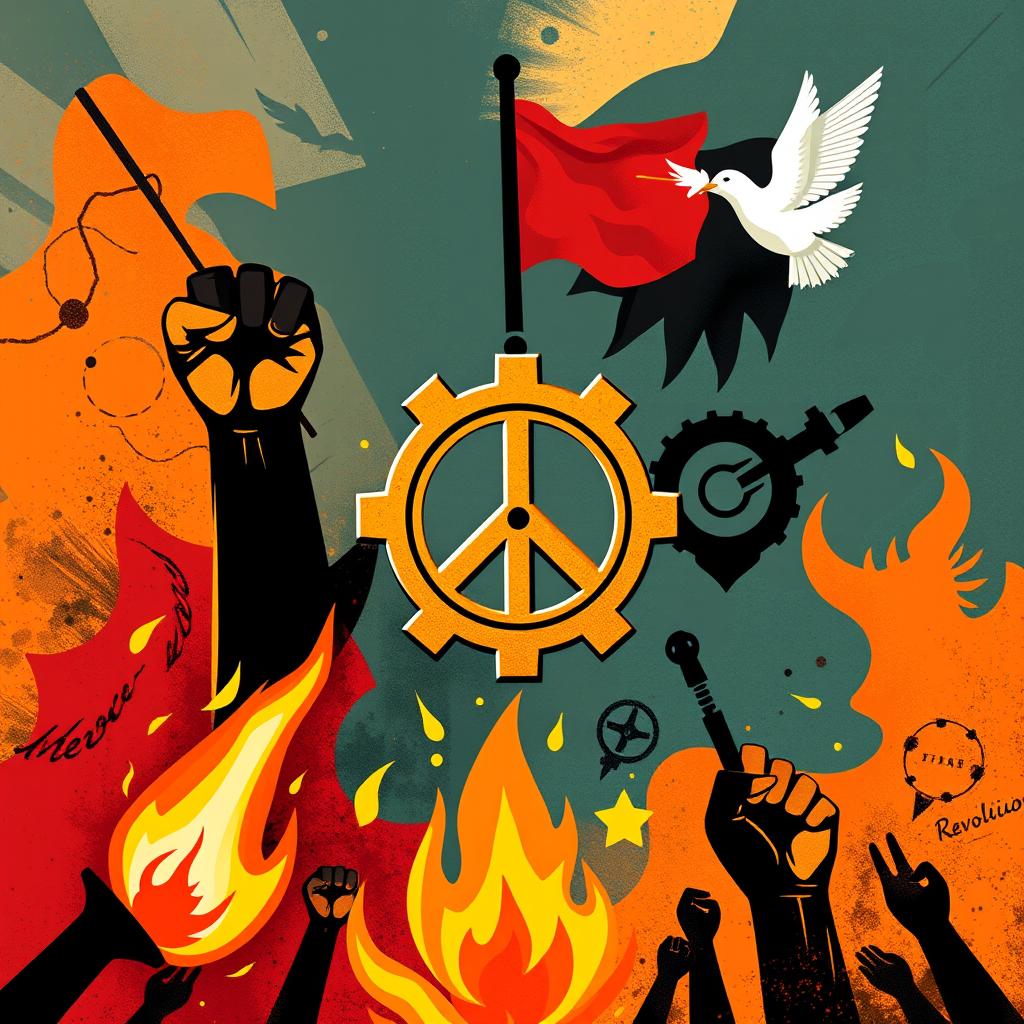 An artistic representation of revolutions depicted through various symbols from different historical and cultural contexts