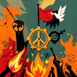 An artistic representation of revolutions depicted through various symbols from different historical and cultural contexts