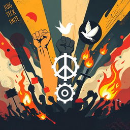 An artistic representation of revolutions depicted through various symbols from different historical and cultural contexts