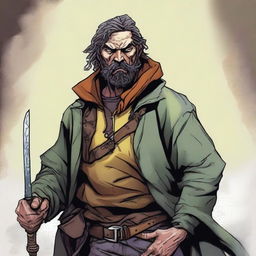 A high-quality comic book style illustration of a homeless vagrant, who is also a fantasy DnD fighter