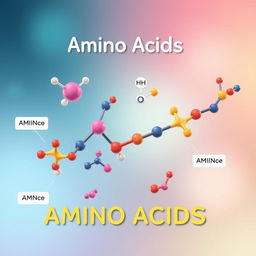 A vibrant and educational illustration of amino acids, featuring a colorful molecular structure diagram showcasing various amino acids linked together in a protein chain