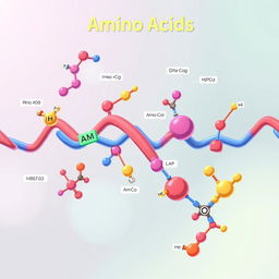 A vibrant and educational illustration of amino acids, featuring a colorful molecular structure diagram showcasing various amino acids linked together in a protein chain