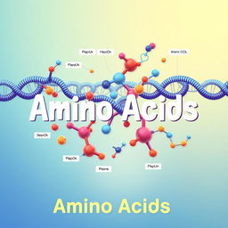 A vibrant and educational illustration of amino acids, featuring a colorful molecular structure diagram showcasing various amino acids linked together in a protein chain