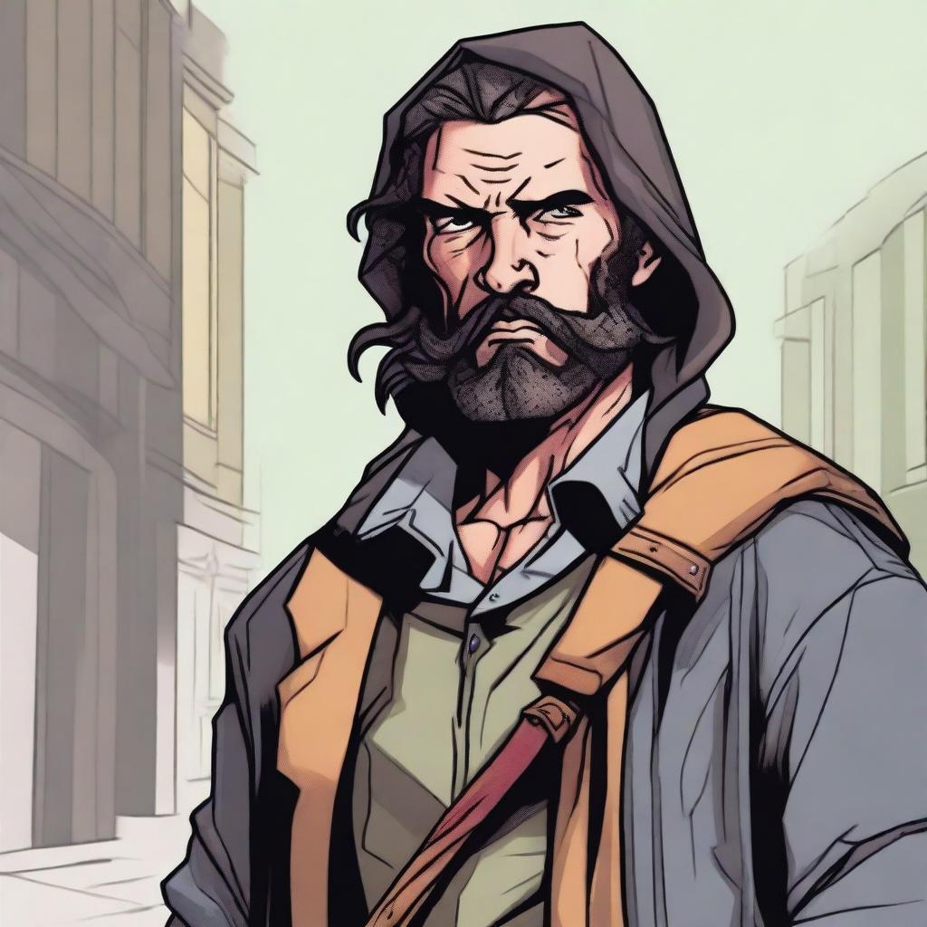 A high-quality comic book style illustration of a homeless vagrant, who is also a fantasy DnD fighter