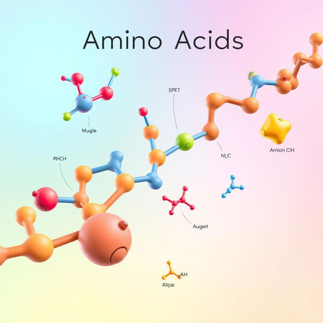 A vibrant and educational illustration of amino acids, featuring a colorful molecular structure diagram showcasing various amino acids linked together in a protein chain