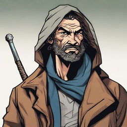 A high-quality comic book style illustration of a homeless vagrant, who is also a fantasy DnD fighter
