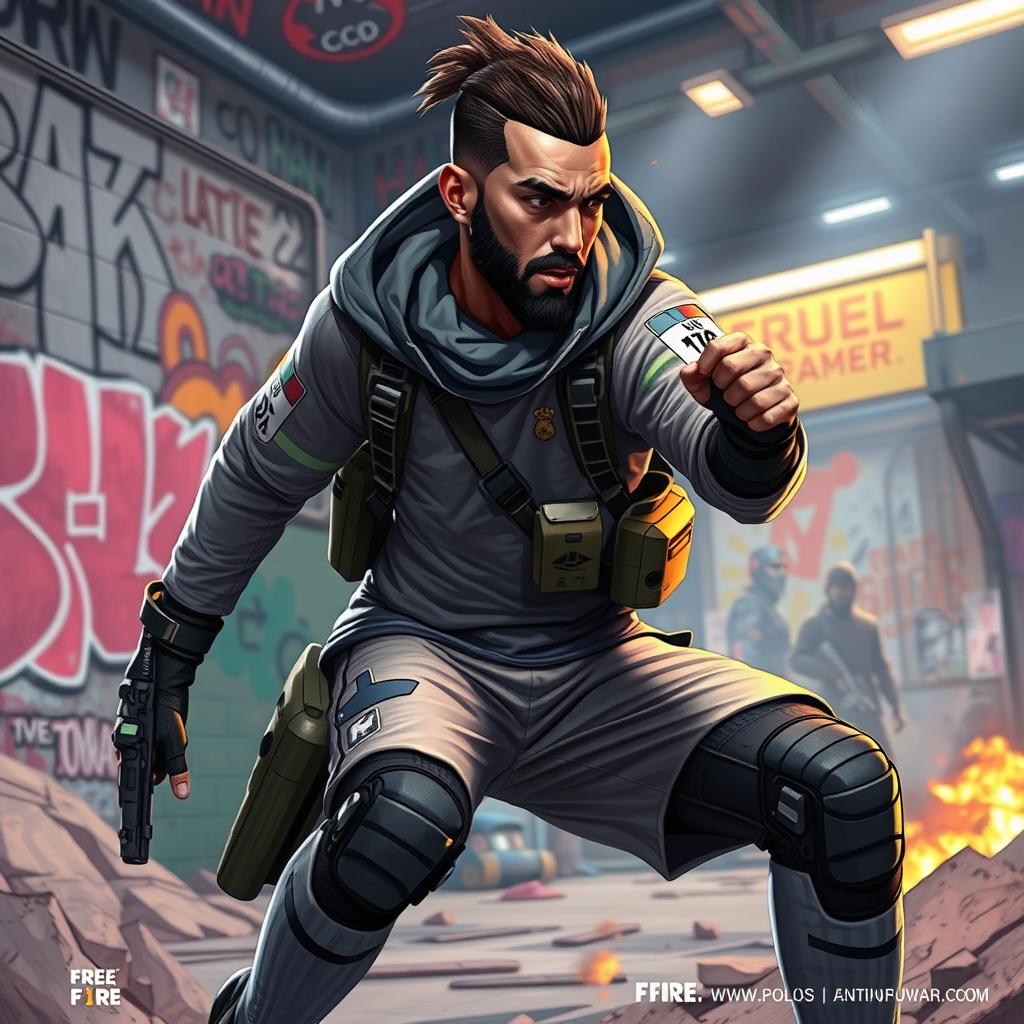 A digital illustration of a soccer player resembling Karim Benzema, dramatically themed in a Free Fire video game style