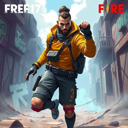 A digital illustration of a soccer player resembling Karim Benzema, dramatically themed in a Free Fire video game style