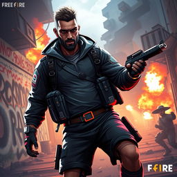 A digital illustration of a soccer player resembling Karim Benzema, dramatically themed in a Free Fire video game style