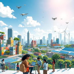 A vibrant and dynamic cityscape showcasing a great change in society, featuring a blend of futuristic architecture and green spaces, with people of diverse backgrounds engaging harmoniously