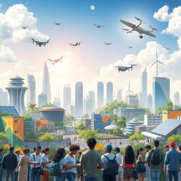 A vibrant and dynamic cityscape showcasing a great change in society, featuring a blend of futuristic architecture and green spaces, with people of diverse backgrounds engaging harmoniously