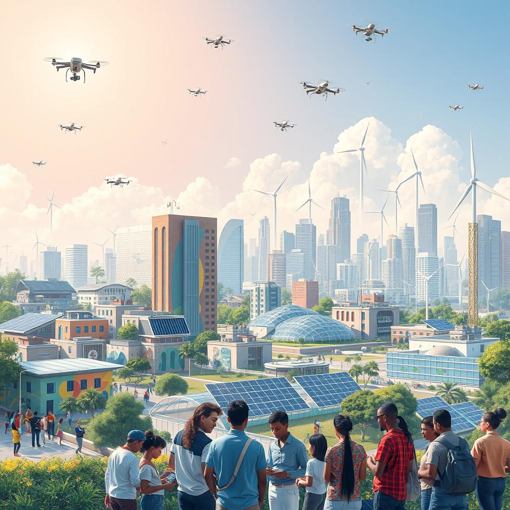 A vibrant and dynamic cityscape showcasing a great change in society, featuring a blend of futuristic architecture and green spaces, with people of diverse backgrounds engaging harmoniously