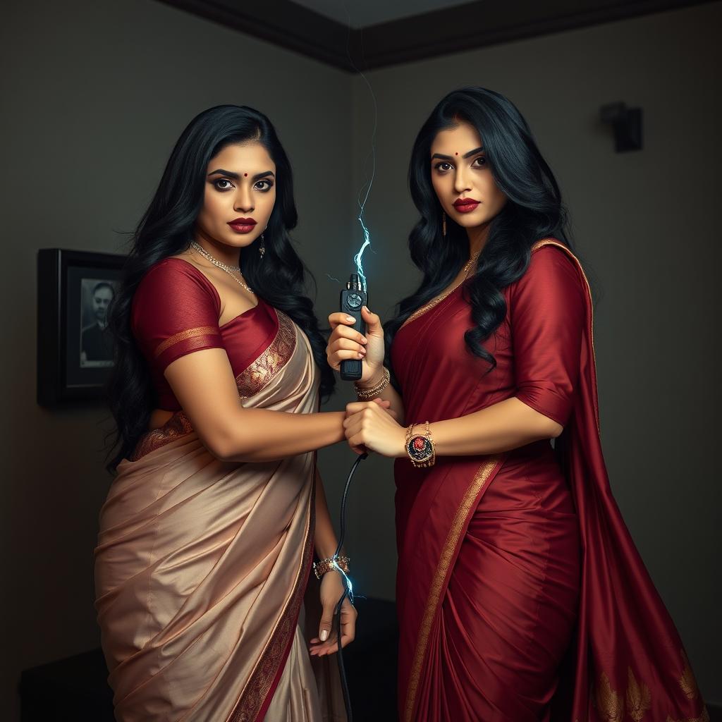 In a dramatic interrogation room, two stunning desi women dressed in elegant sarees exude confidence and dominance