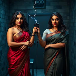 In a dramatic interrogation room, two stunning desi women dressed in elegant sarees exude confidence and dominance